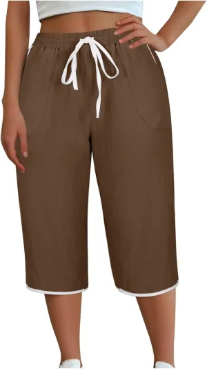2025 Women's Plus Size Linen Capri Lounge Pants - Fashion Solid Color Drawstring Minimalist Casual Cropped Trousers