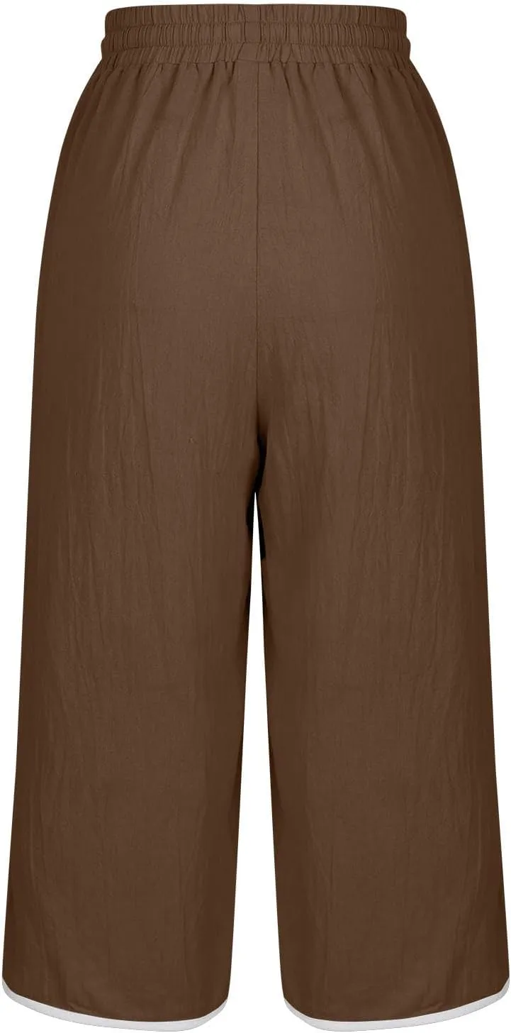 2025 Women's Plus Size Linen Capri Lounge Pants - Fashion Solid Color Drawstring Minimalist Casual Cropped Trousers