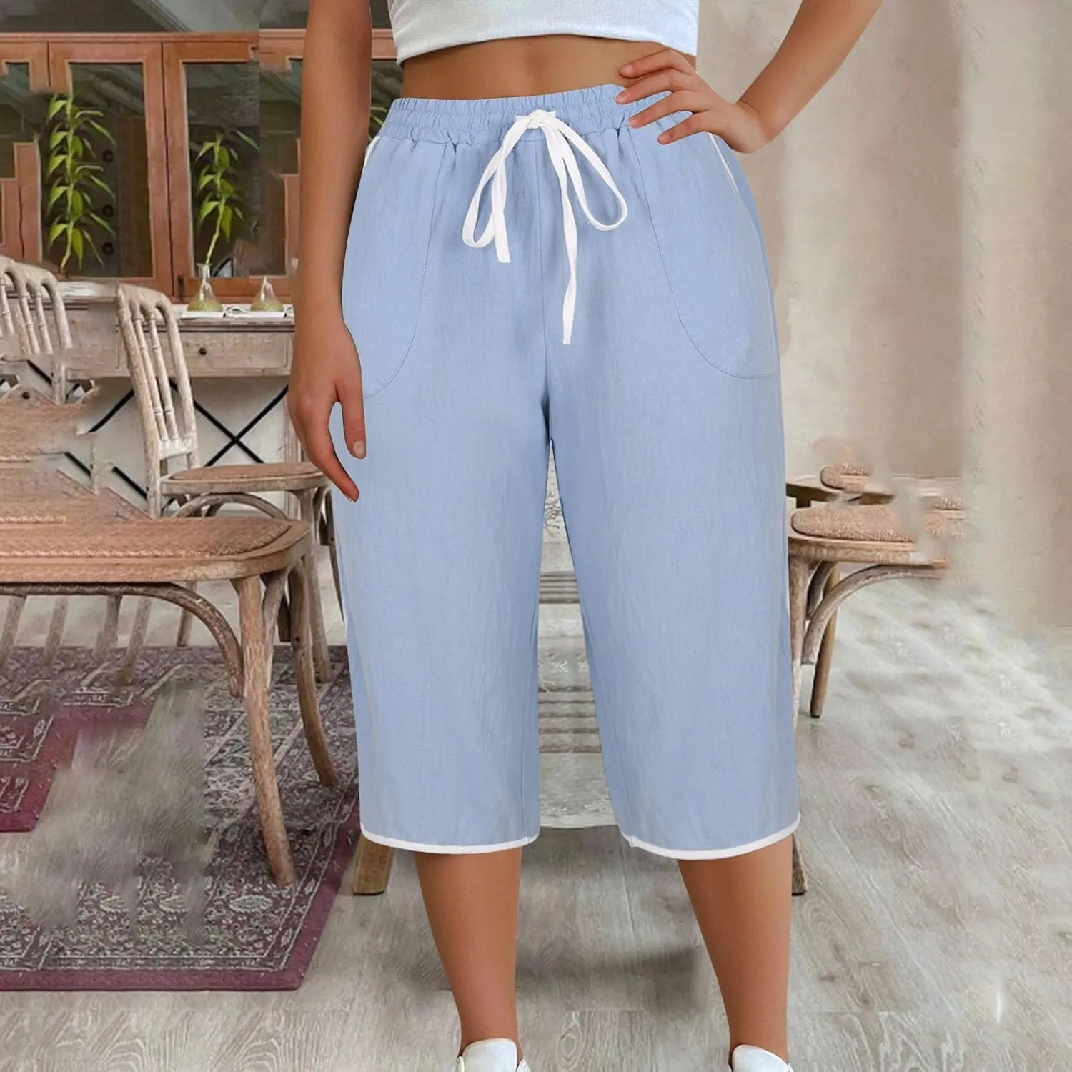 2025 Women's Plus Size Linen Capri Lounge Pants - Fashion Solid Color Drawstring Minimalist Casual Cropped Trousers