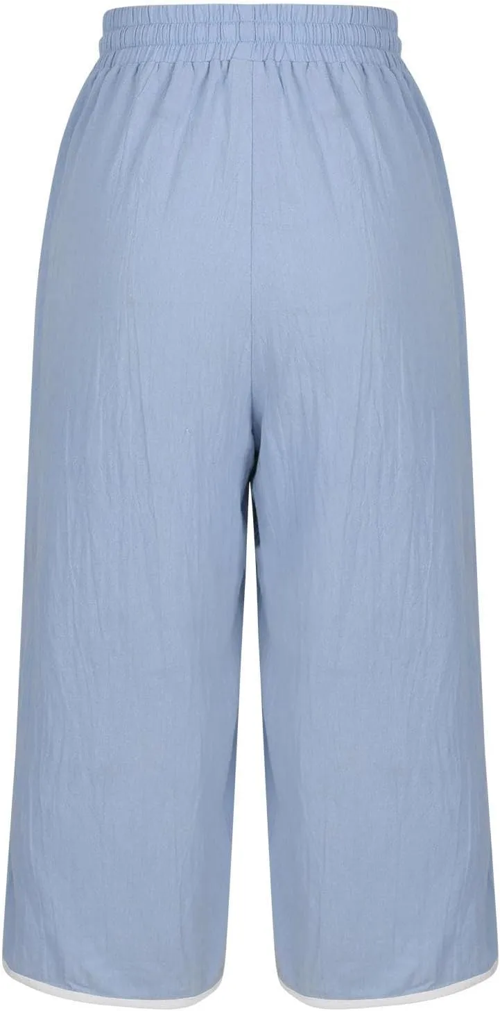 2025 Women's Plus Size Linen Capri Lounge Pants - Fashion Solid Color Drawstring Minimalist Casual Cropped Trousers