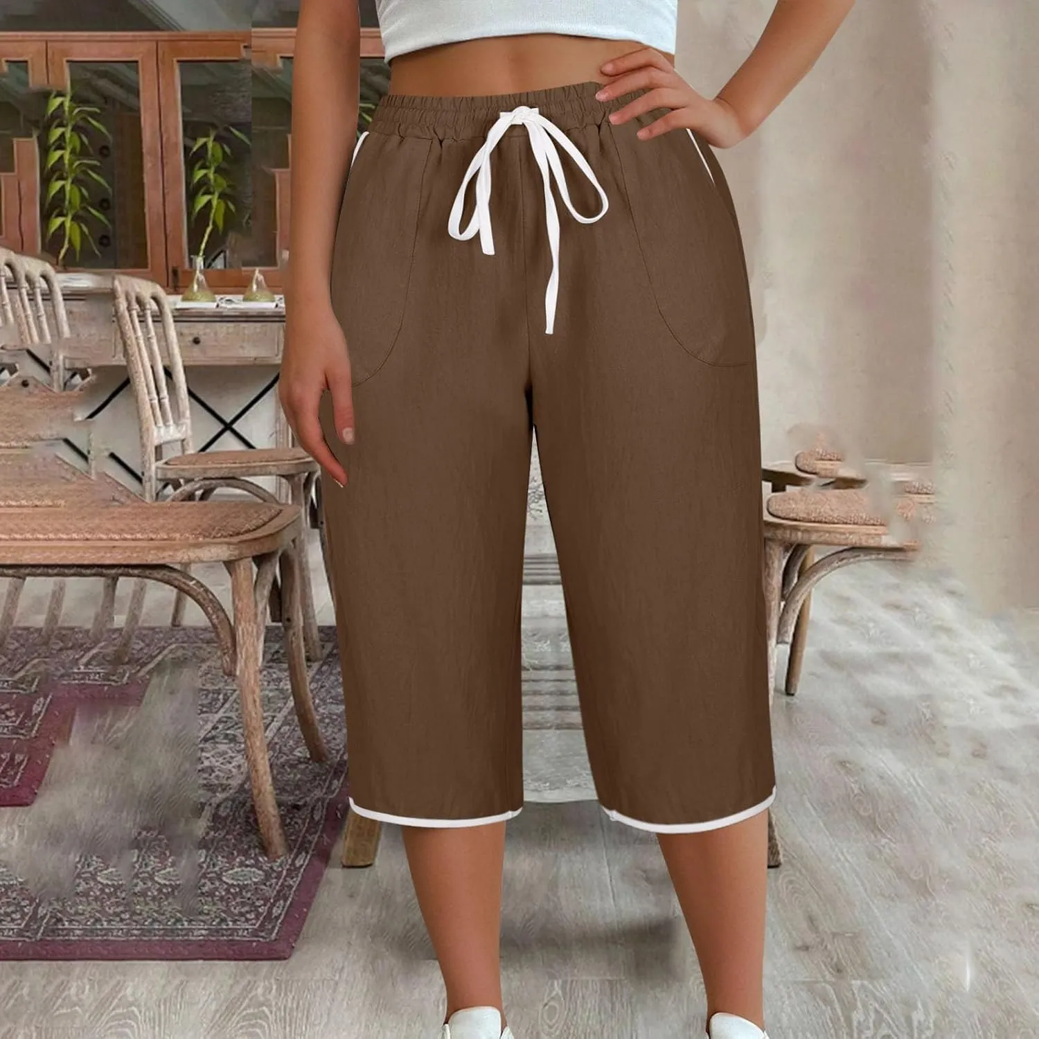 2025 Women's Plus Size Linen Capri Lounge Pants - Fashion Solid Color Drawstring Minimalist Casual Cropped Trousers