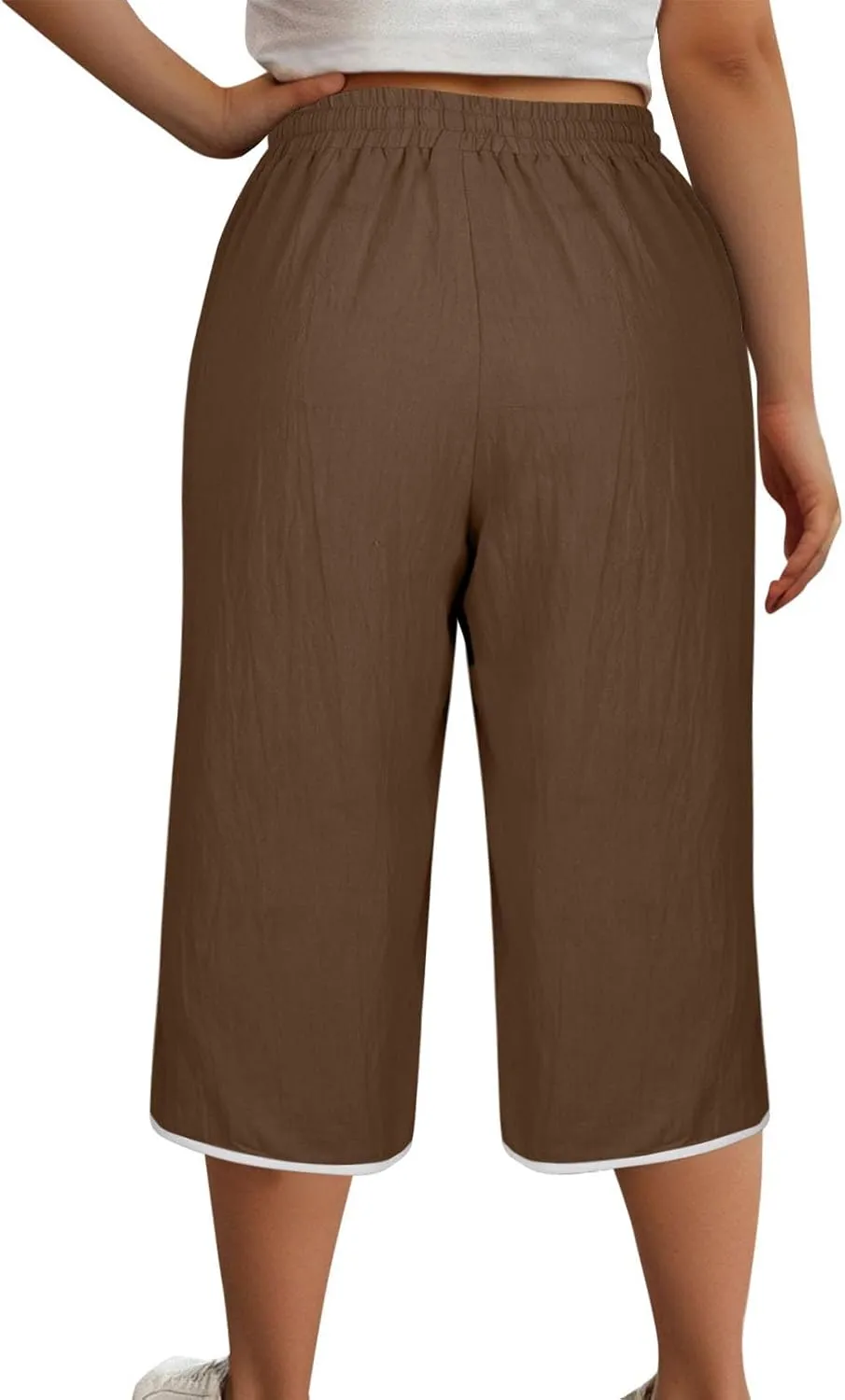 2025 Women's Plus Size Linen Capri Lounge Pants - Fashion Solid Color Drawstring Minimalist Casual Cropped Trousers