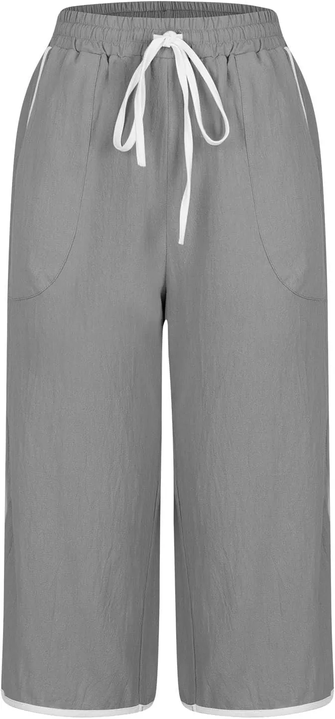 2025 Women's Plus Size Linen Capri Lounge Pants - Fashion Solid Color Drawstring Minimalist Casual Cropped Trousers