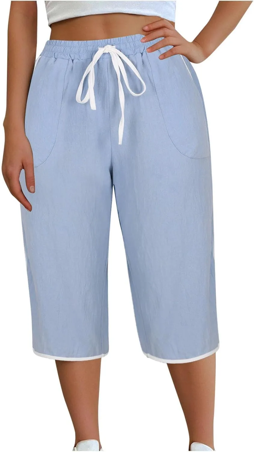 2025 Women's Plus Size Linen Capri Lounge Pants - Fashion Solid Color Drawstring Minimalist Casual Cropped Trousers