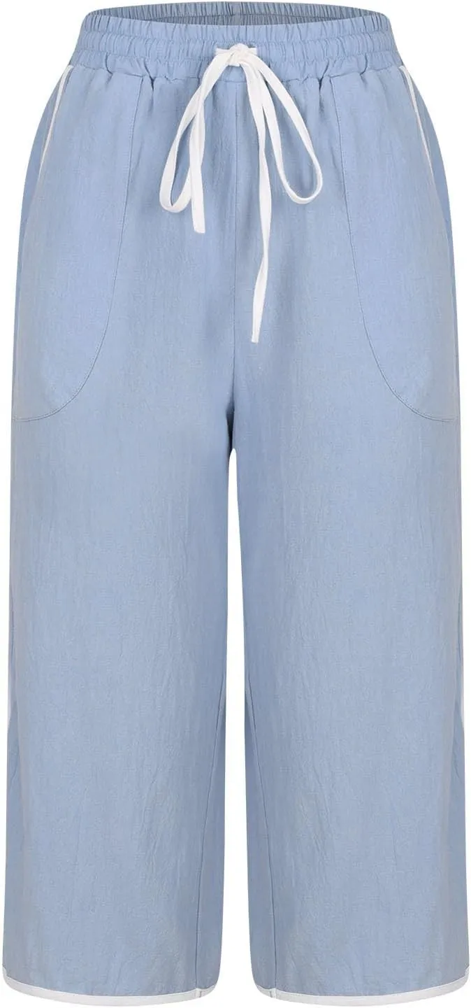 2025 Women's Plus Size Linen Capri Lounge Pants - Fashion Solid Color Drawstring Minimalist Casual Cropped Trousers