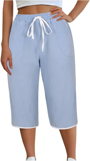2025 Women's Plus Size Linen Capri Lounge Pants - Fashion Solid Color Drawstring Minimalist Casual Cropped Trousers