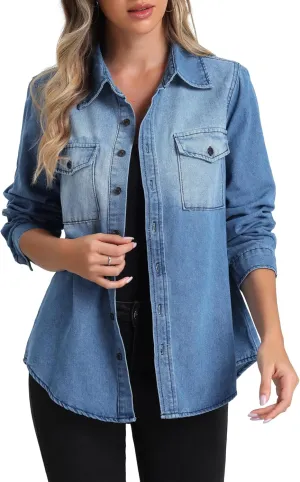Allegra K Denim Jacket for Women's 2024 Fall Trendy Long Sleeve Shacket Button Down Washed Jean Jackets