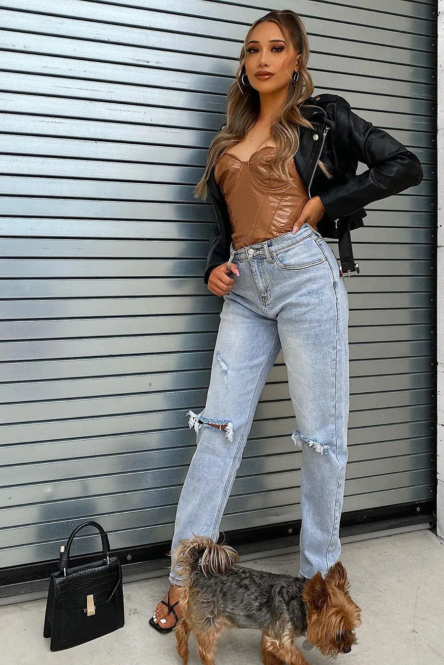 Amelie Distressed Slouch Fit Jeans - Medium Blue Wash