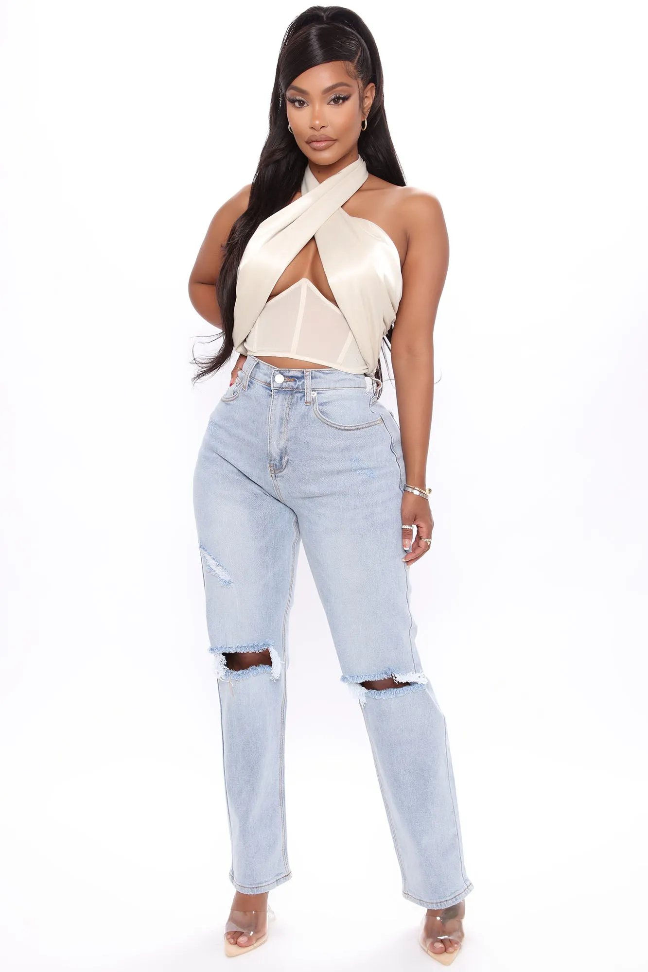 Amelie Distressed Slouch Fit Jeans - Medium Blue Wash