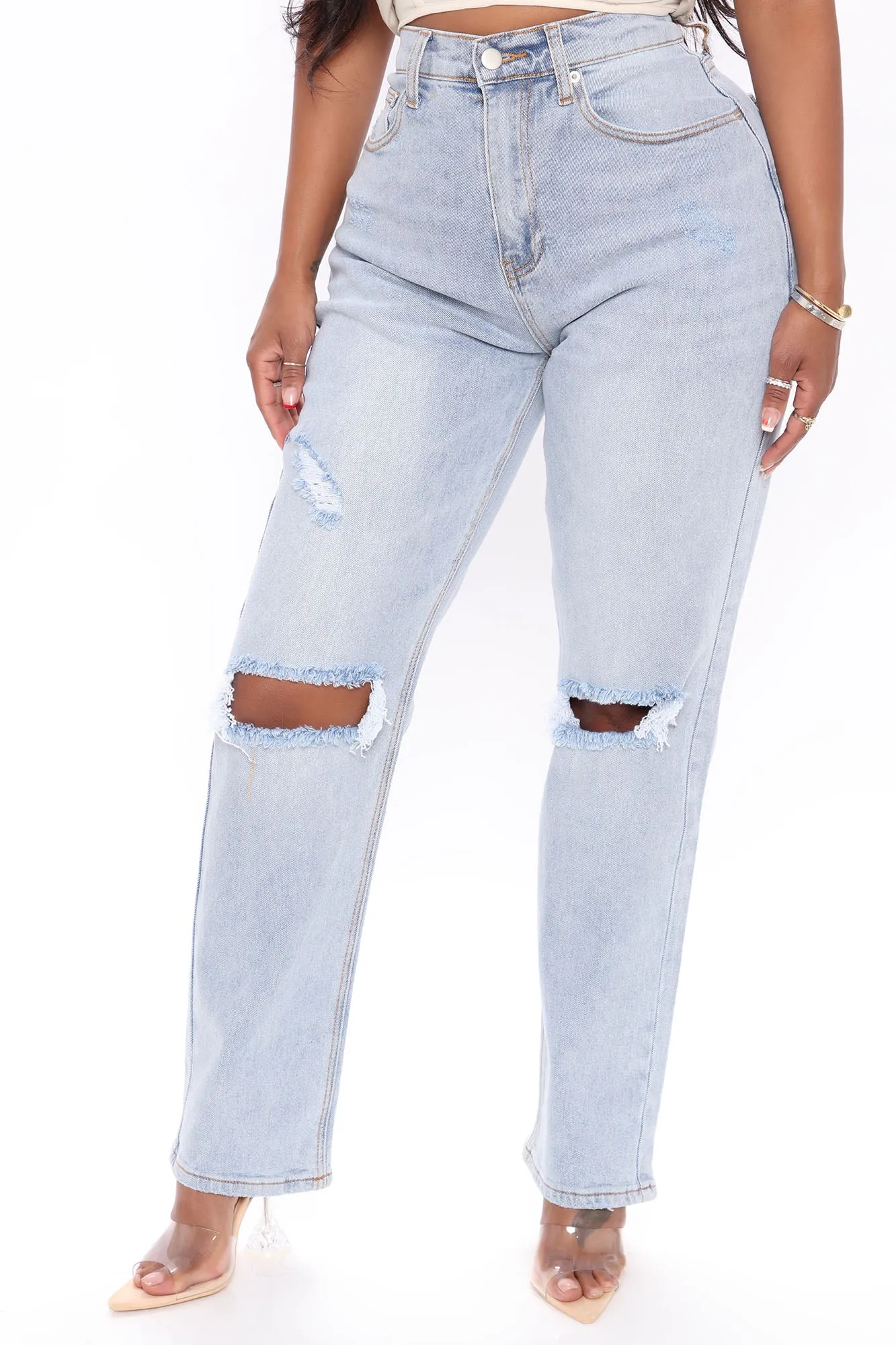 Amelie Distressed Slouch Fit Jeans - Medium Blue Wash