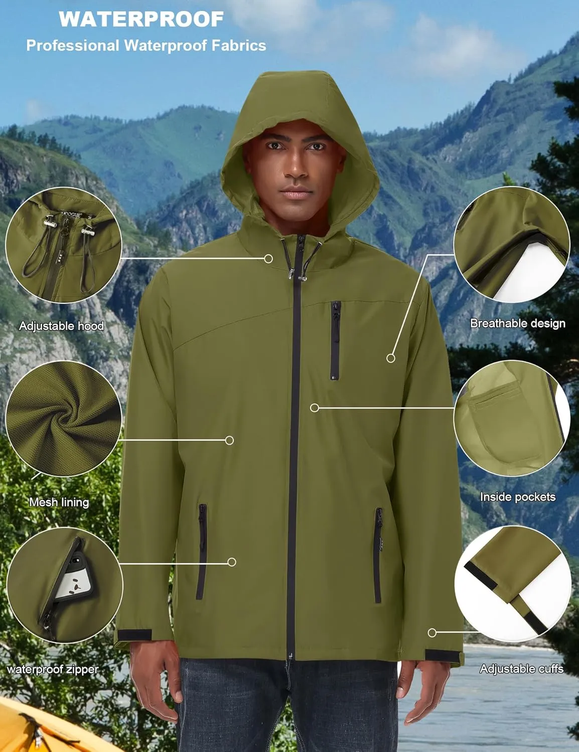 Avoogue Mens Waterproof Lightweight Rain Jacket Breathable Active Outdoor Hooded Raincoat Casual Trendy Jackets Work Jacket