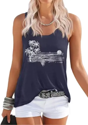 Beopjesk Women's Gradient Coconut Tree Tank Tops Summer Sleeveless V-Neck Button Down Henley Shirt