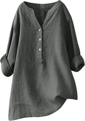 Binmer Womens Linen V Neck Button Down Shirts Oversized Long Sleeve Casual Blouse Loose Fit Solid Tunic Tops Plus Size