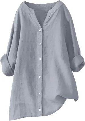 Binmer Womens Linen V Neck Button Down Shirts Oversized Long Sleeve Casual Blouse Loose Fit Solid Tunic Tops Plus Size