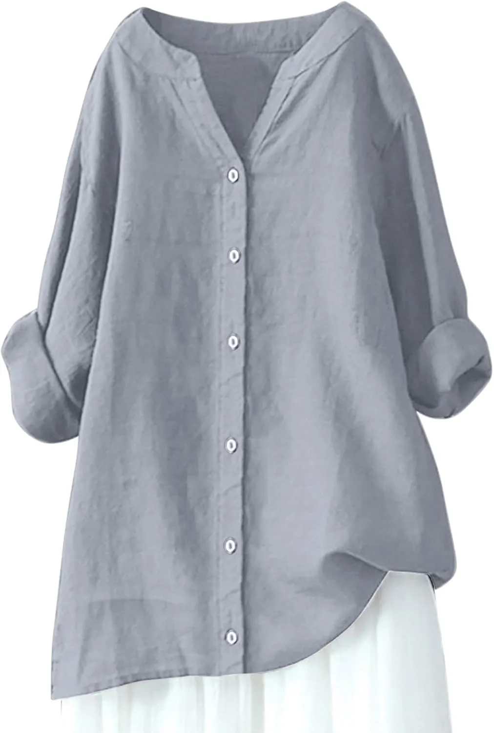 Binmer Womens Linen V Neck Button Down Shirts Oversized Long Sleeve Casual Blouse Loose Fit Solid Tunic Tops Plus Size