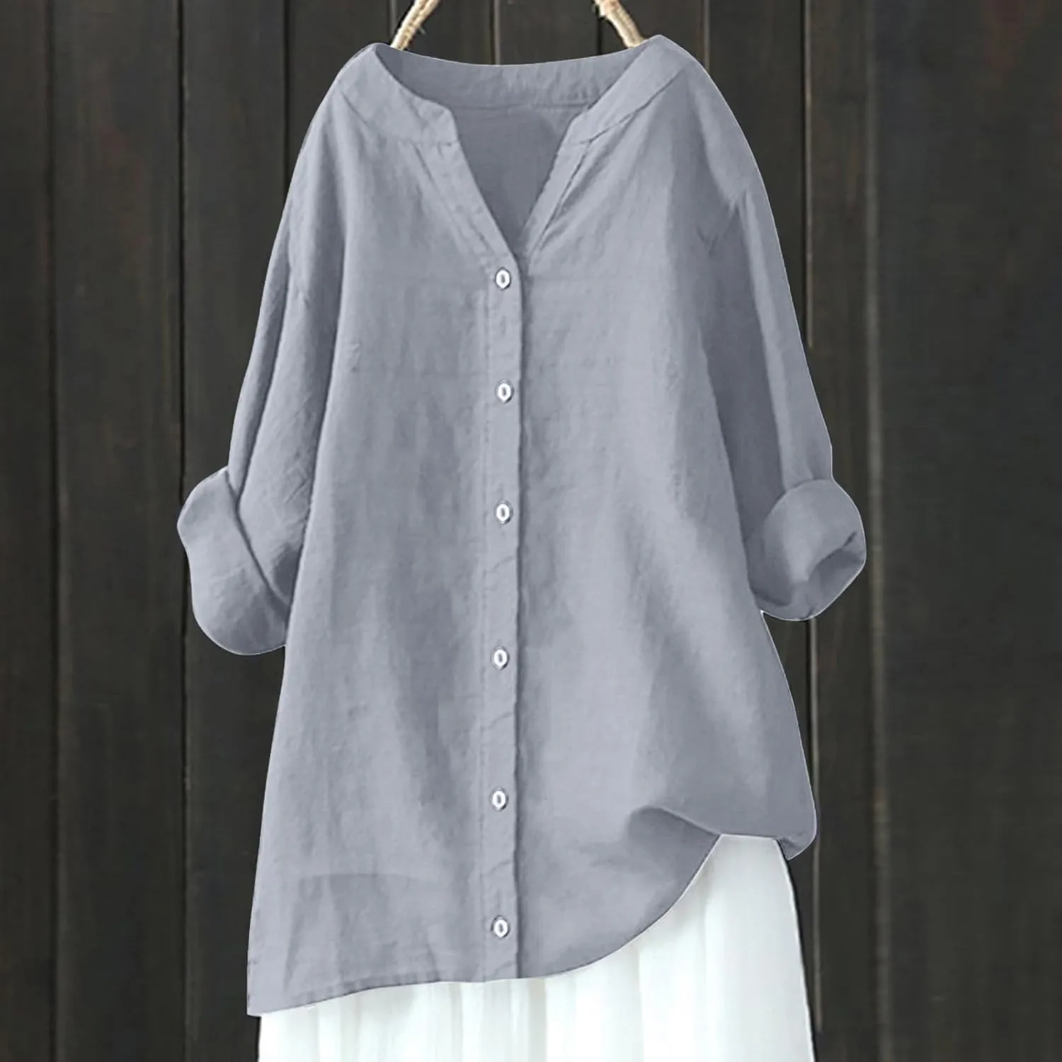 Binmer Womens Linen V Neck Button Down Shirts Oversized Long Sleeve Casual Blouse Loose Fit Solid Tunic Tops Plus Size