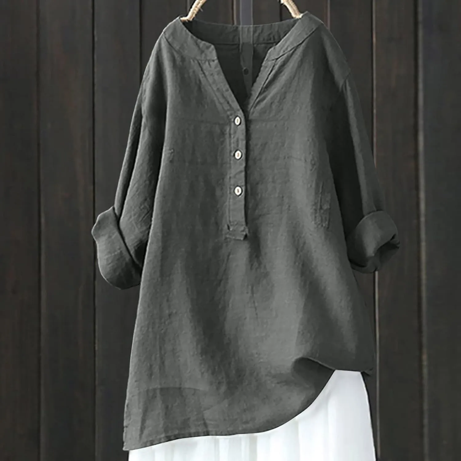 Binmer Womens Linen V Neck Button Down Shirts Oversized Long Sleeve Casual Blouse Loose Fit Solid Tunic Tops Plus Size