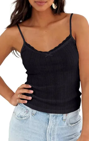 Cioatin Women Sleeveless Y2K Lace Patchwork Pointelle Crop Cami Tank Cute Spaghetti Strap V Neck Slim Summer Going Out Tops