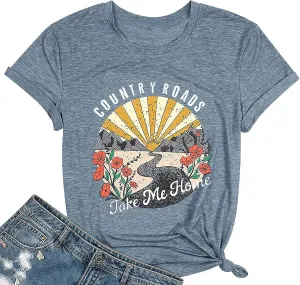 Country Music Shirts for Women Country Roads Take Me Home Shirt Vintage Western Short Sleeve Tees Top