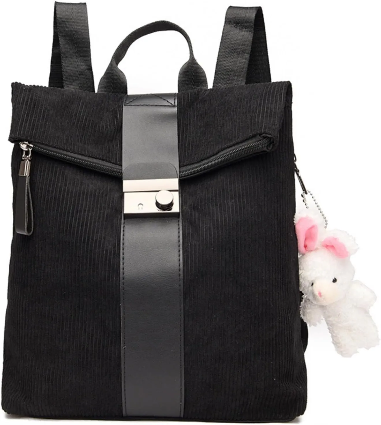 Cute Backpack Purses Corduroy Small Fashion Minimalist Travel Bag Daypack Shoulder Bag Satchel Handbag, Black, Onesize