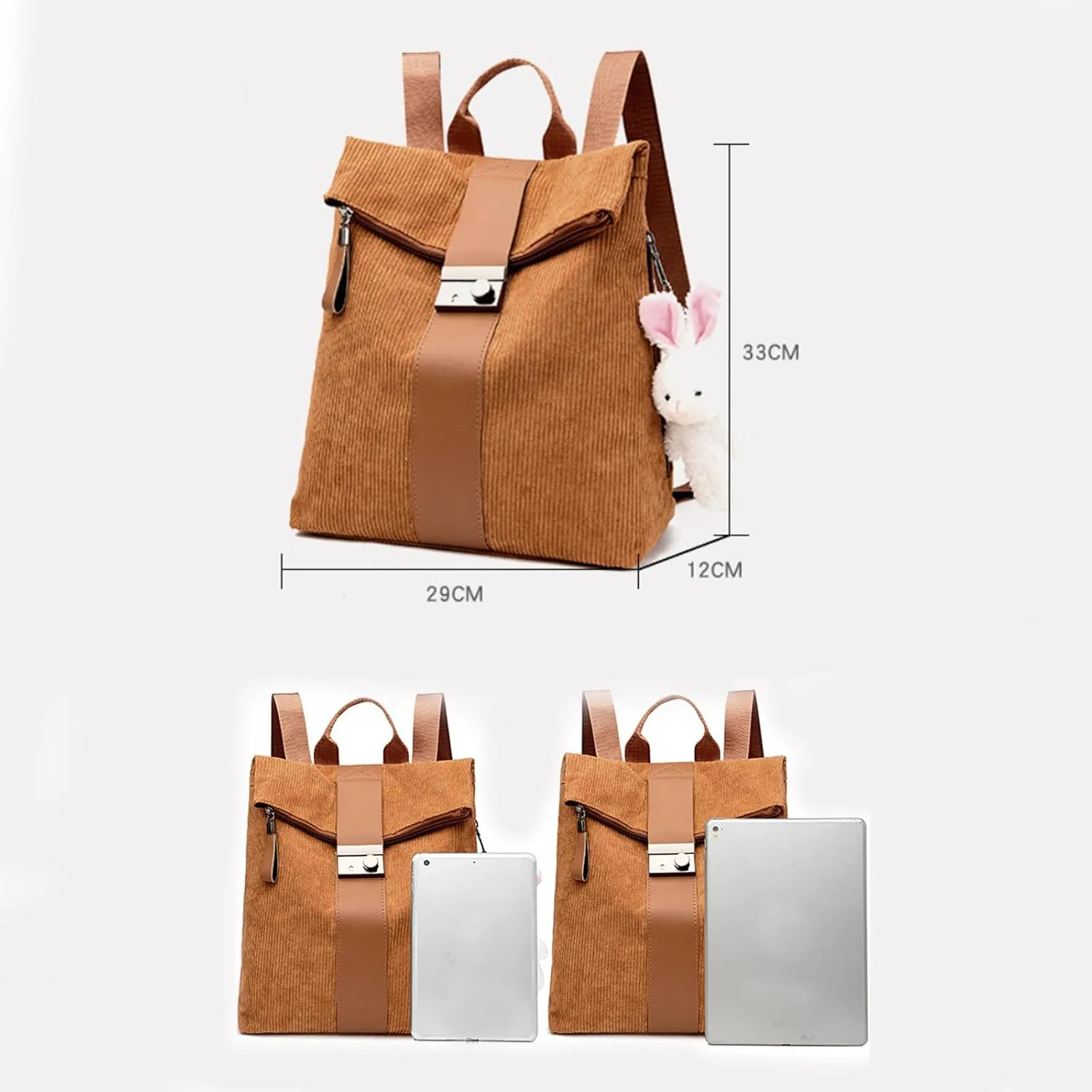 Cute Backpack Purses Corduroy Small Fashion Minimalist Travel Bag Daypack Shoulder Bag Satchel Handbag, Black, Onesize