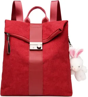 Cute Backpack Purses Corduroy Small Fashion Minimalist Travel Bag Daypack Shoulder Bag Satchel Handbag, Red, Onesize