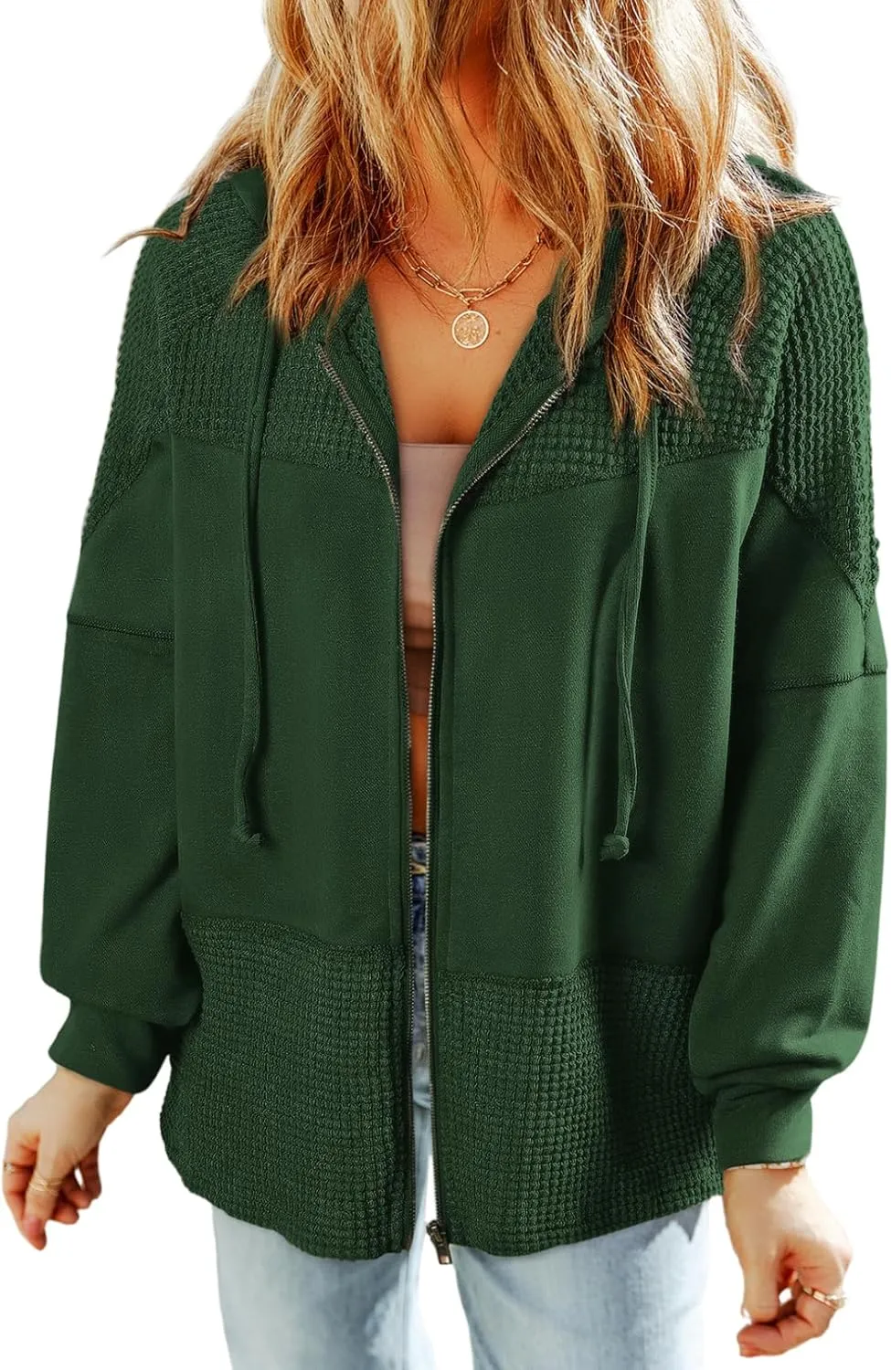 Dokotoo Waffle Knit Hoodies for Womens Zip Up Fall Outfits 2024 Drawstring Casual Oversized Jackets