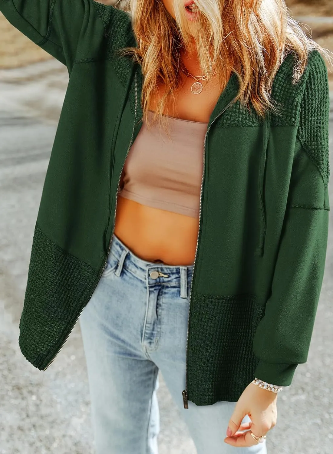 Dokotoo Waffle Knit Hoodies for Womens Zip Up Fall Outfits 2024 Drawstring Casual Oversized Jackets