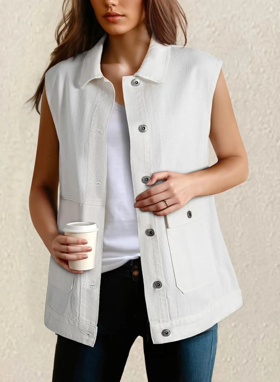 Dokotoo Womens Fashion 2025 Casual Denim Vest Oversized Mid Long Jean Vest Sleeveless Jean Jacket Shacket with Pockets