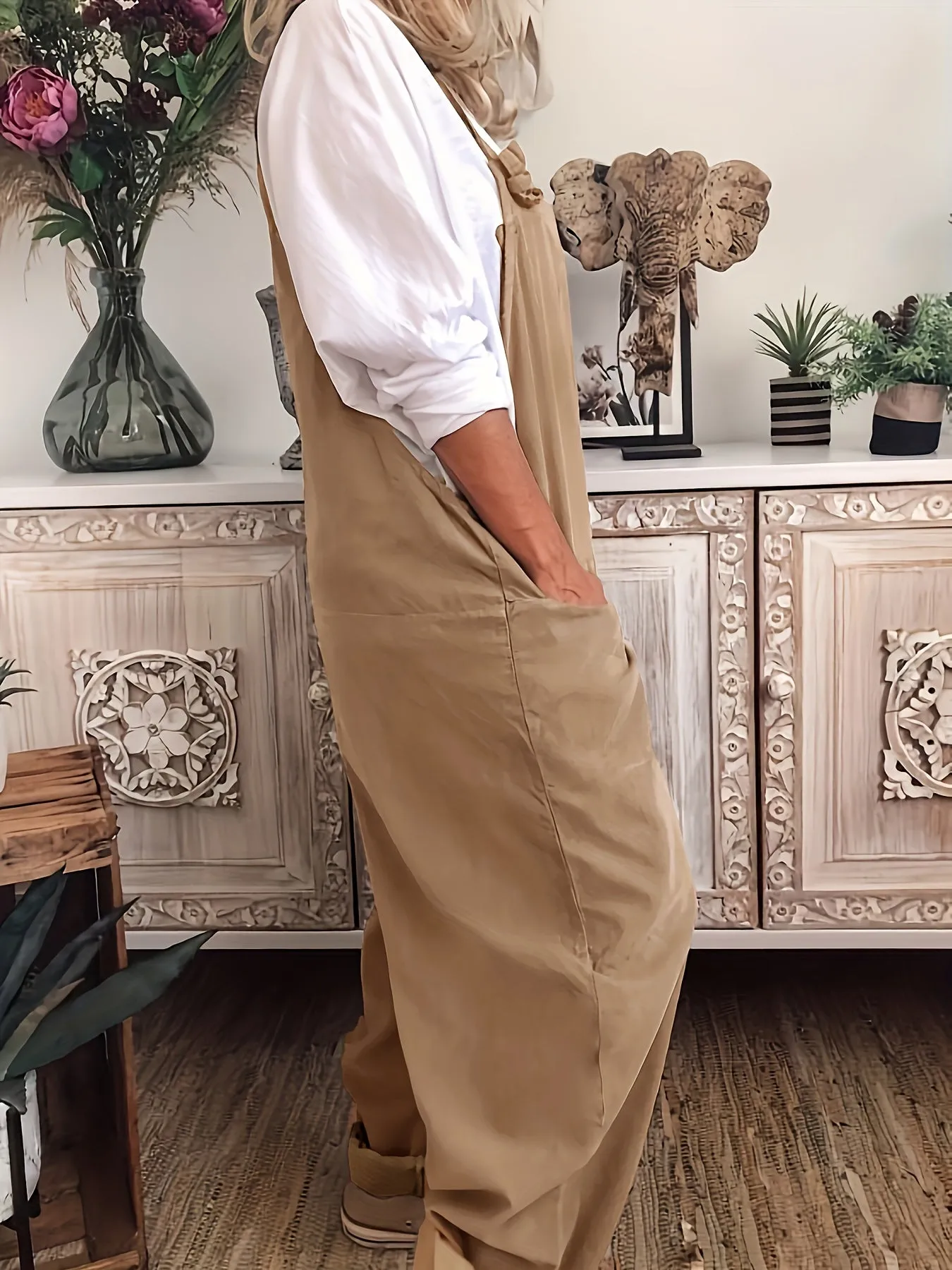 Effortless Women's Plus Solid Wide Leg Knot Overalls