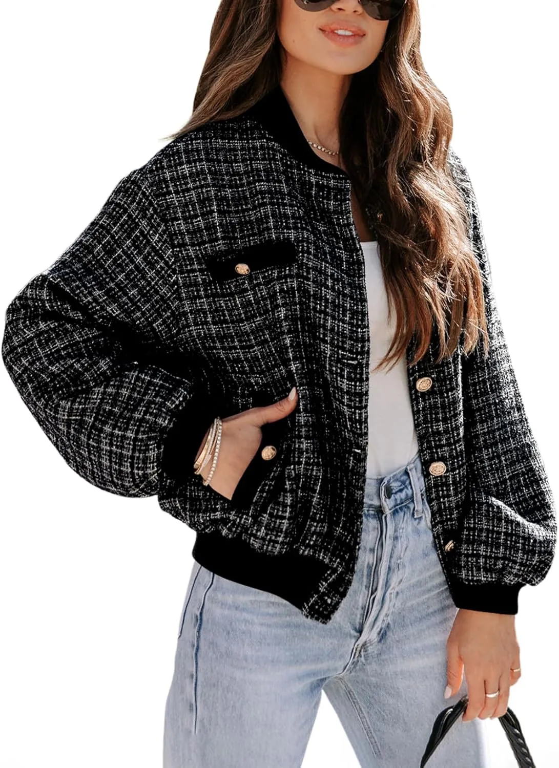 EVALESS Fashion Jacket for Women 2024 Fall Winter Trendy Button Short Shacket Long Sleeve Plaid Cropped Jackets