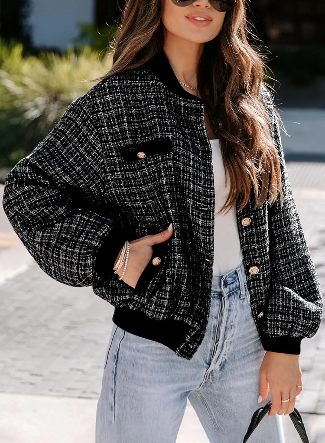 EVALESS Fashion Jacket for Women 2024 Fall Winter Trendy Button Short Shacket Long Sleeve Plaid Cropped Jackets