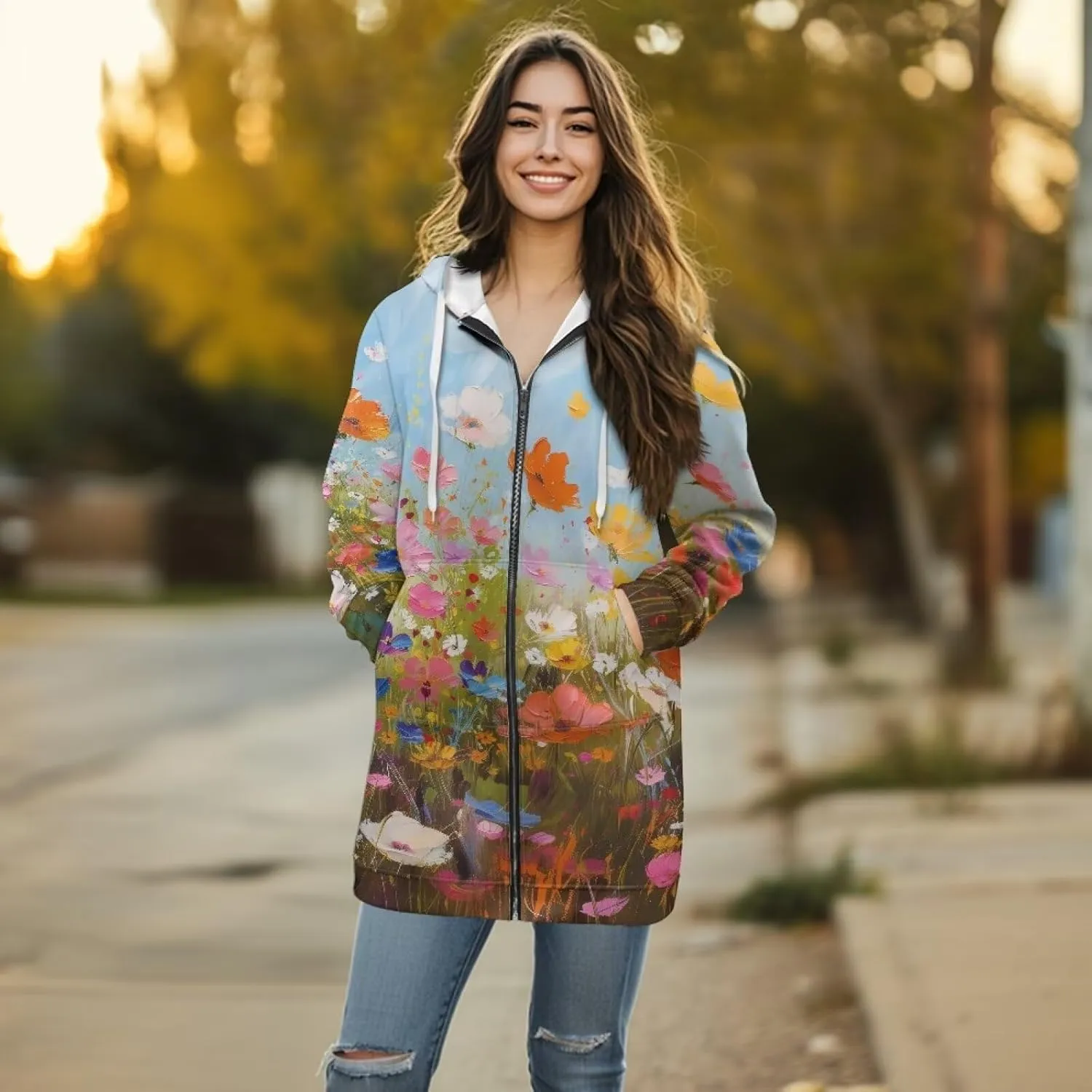 Full Zip up Hoodies Mid-Length Sweatshirt Cardigan Loose Casual Jackets Trendy Coat with Pockets S-3XL