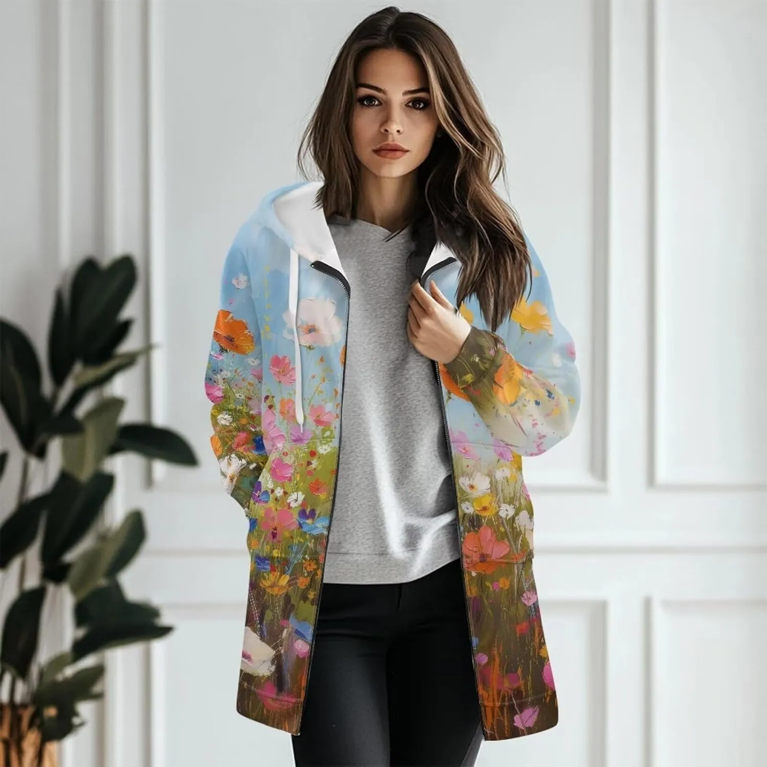Full Zip up Hoodies Mid-Length Sweatshirt Cardigan Loose Casual Jackets Trendy Coat with Pockets S-3XL