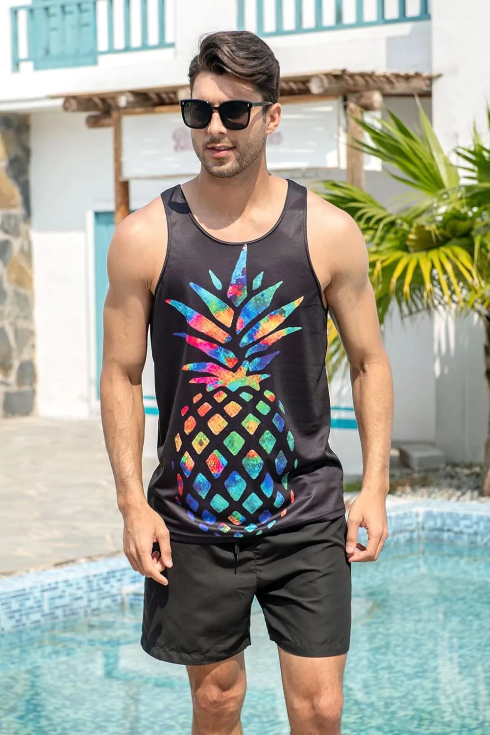 Goodstoworld Mens 3D Tank Top Novelty Graphic Breathable Quick Dry Sleeveless Beach Shirt S-4XL