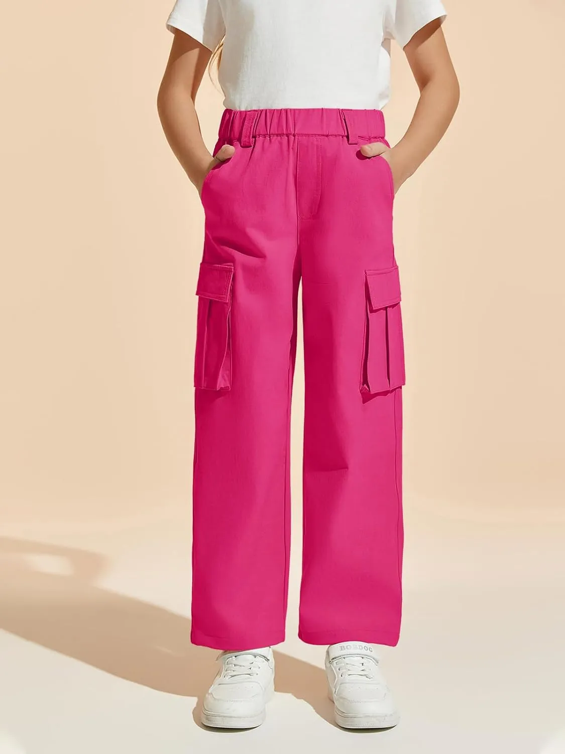 Haloumoning Girls Cargo Pants Casual Baggy Wide Leg Elastic Waist Jogger Trousers with Pockets 5-14 Years