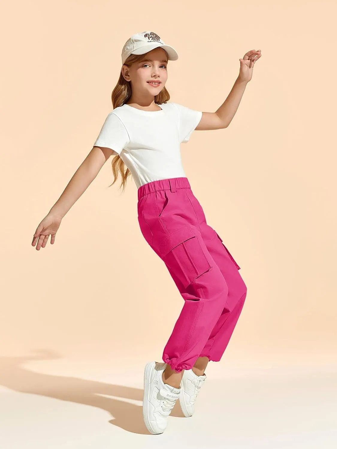 Haloumoning Girls Cargo Pants Casual Baggy Wide Leg Elastic Waist Jogger Trousers with Pockets 5-14 Years