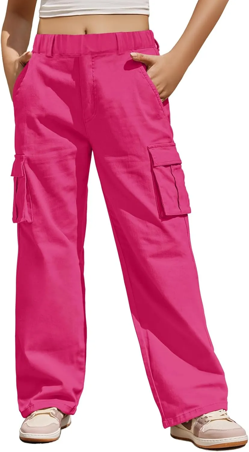 Haloumoning Girls Cargo Pants Casual Baggy Wide Leg Elastic Waist Jogger Trousers with Pockets 5-14 Years