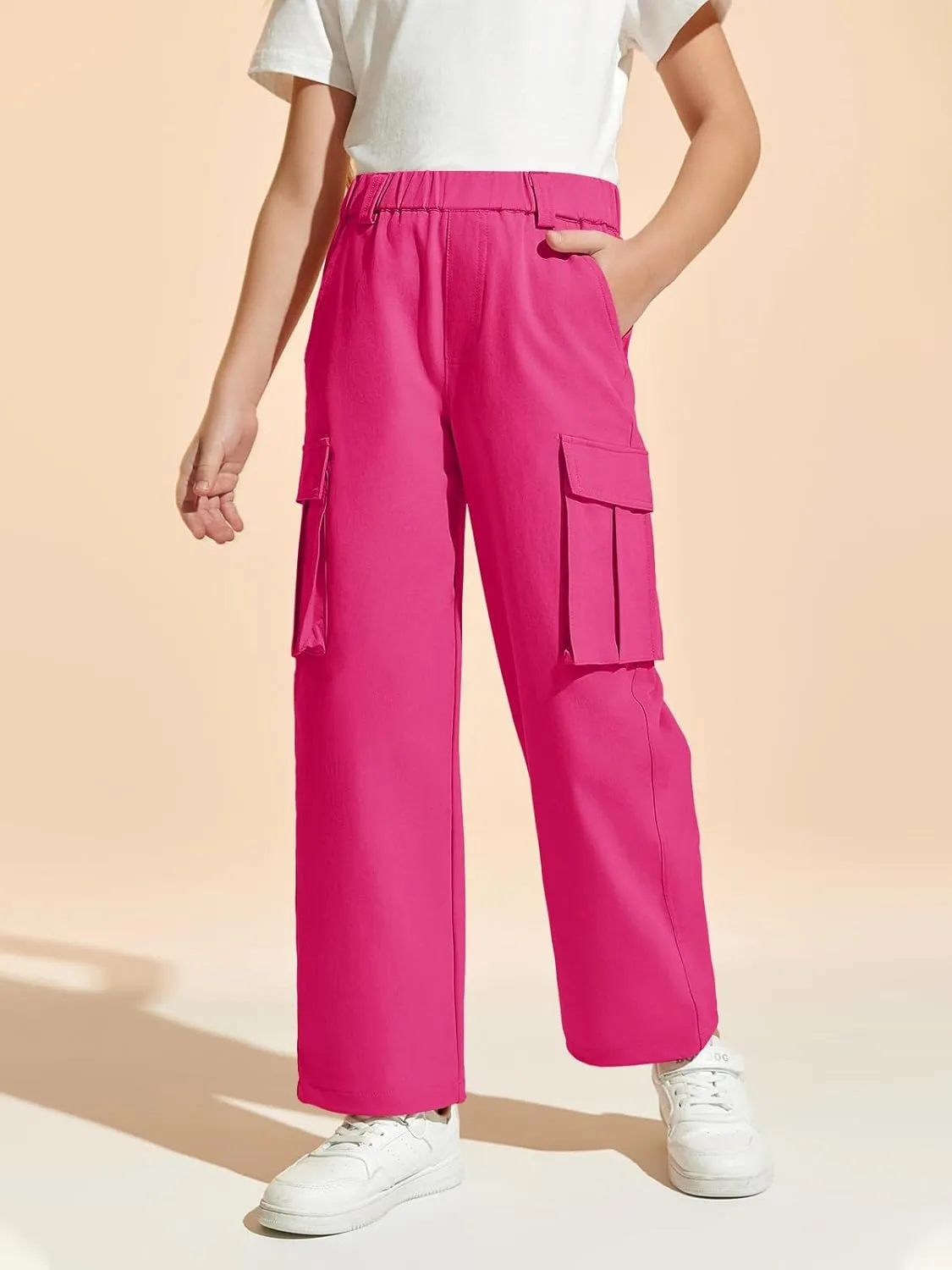Haloumoning Girls Cargo Pants Casual Baggy Wide Leg Elastic Waist Jogger Trousers with Pockets 5-14 Years