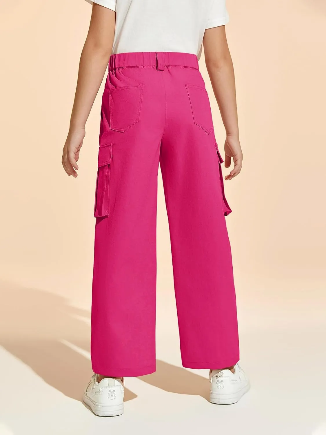 Haloumoning Girls Cargo Pants Casual Baggy Wide Leg Elastic Waist Jogger Trousers with Pockets 5-14 Years