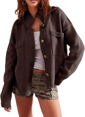 hathne Cardigan Sweaters for Women Trendy Oversized Open Front Button Short Cardigan Jackets Fall Winter