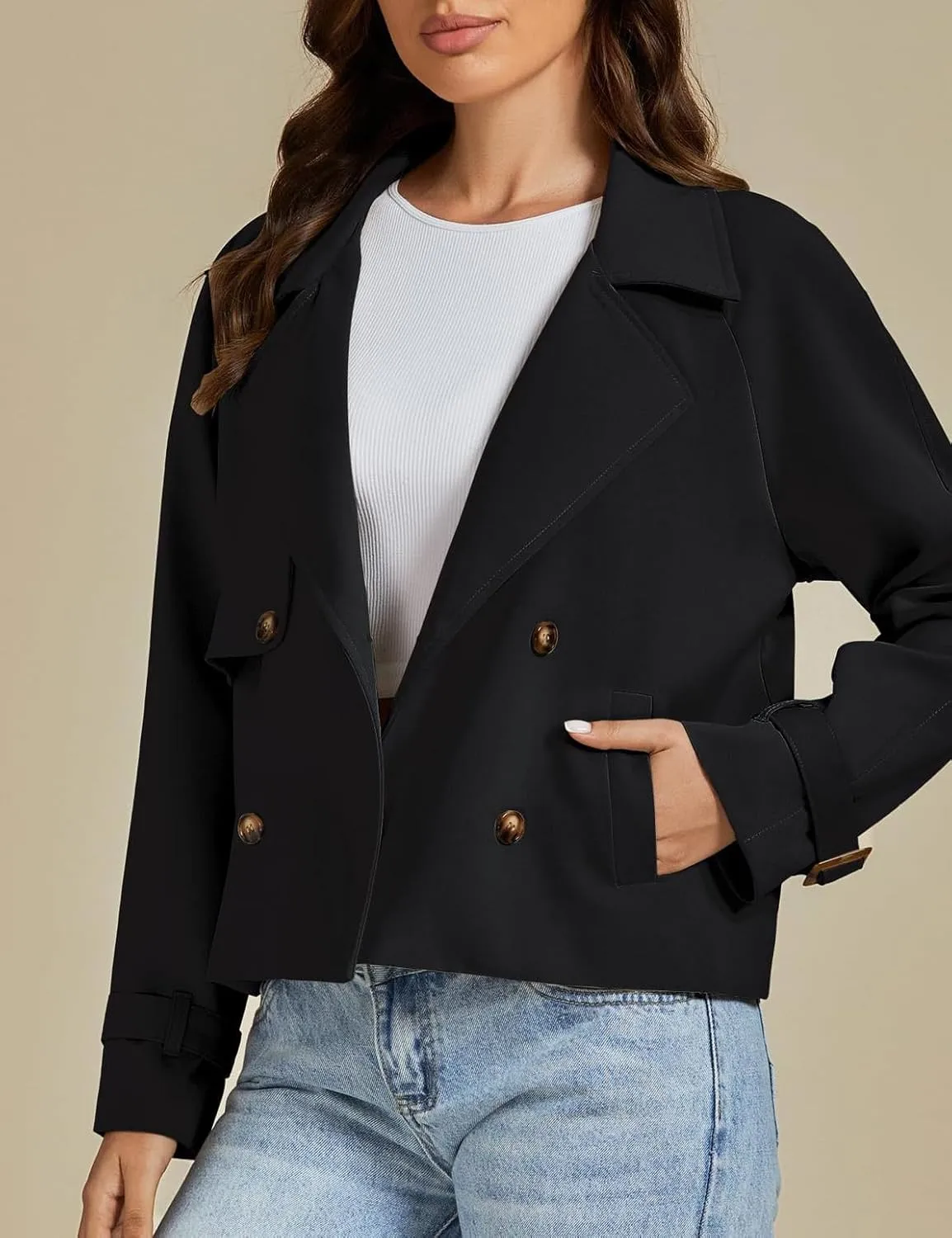 IDEALSANXUN Cropped Trench Coat for Women Fall Winter Trendy Lightweight Short Double Breasted Jackets Coats