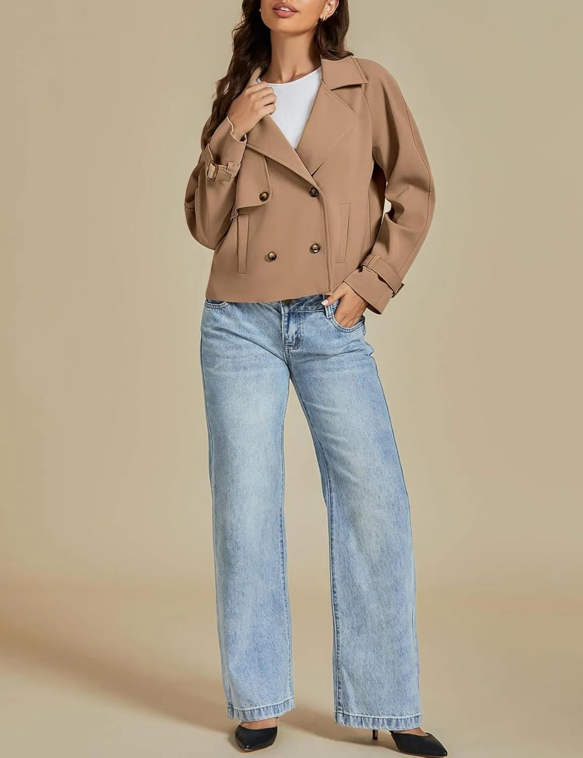 IDEALSANXUN Cropped Trench Coat for Women Fall Winter Trendy Lightweight Short Double Breasted Jackets Coats