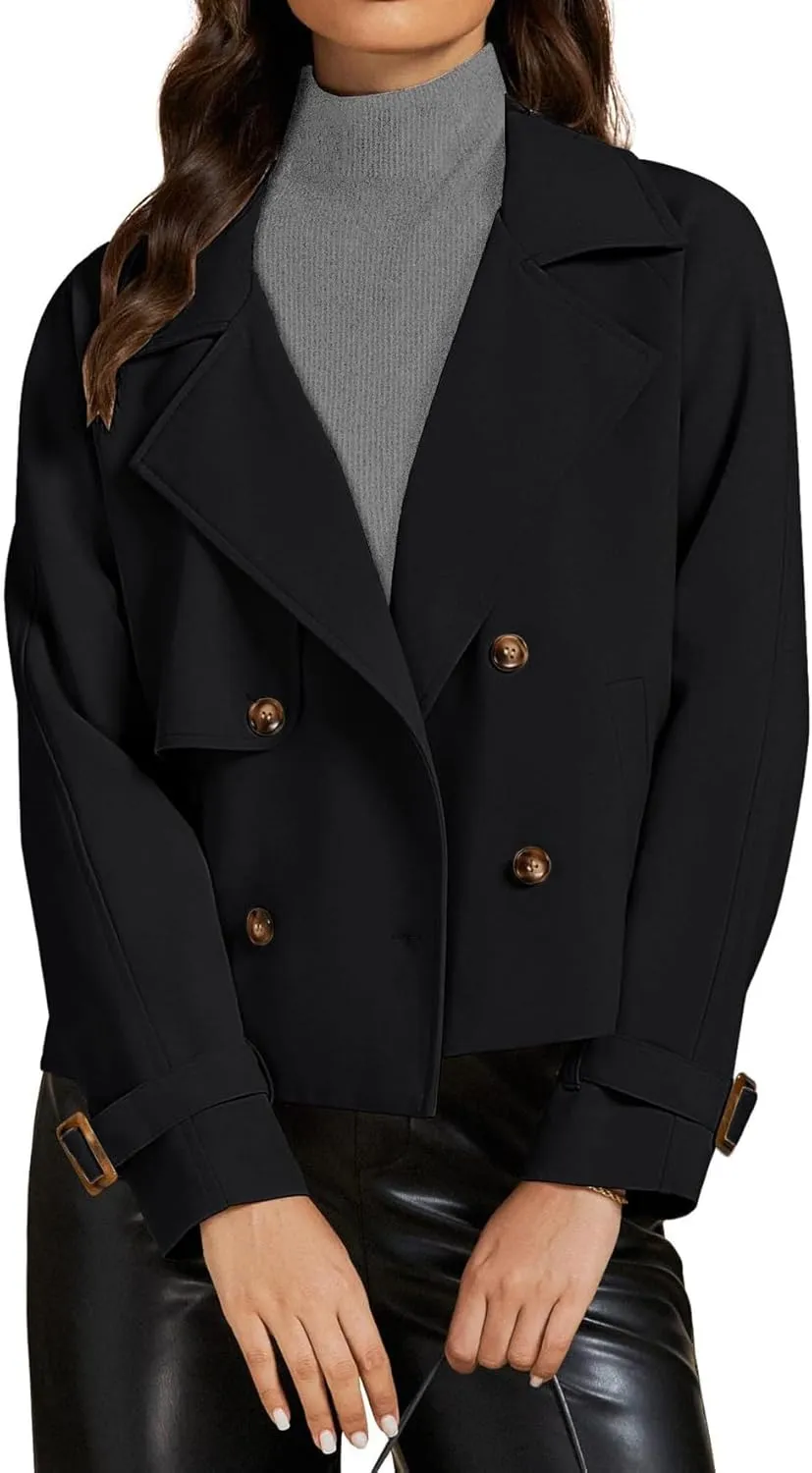 IDEALSANXUN Cropped Trench Coat for Women Fall Winter Trendy Lightweight Short Double Breasted Jackets Coats