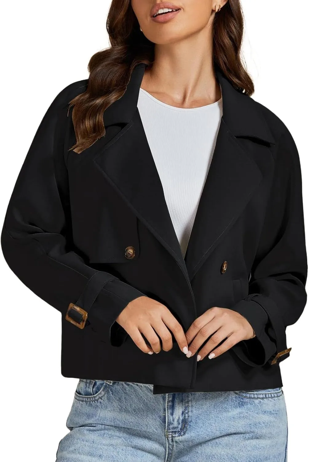 IDEALSANXUN Cropped Trench Coat for Women Fall Winter Trendy Lightweight Short Double Breasted Jackets Coats