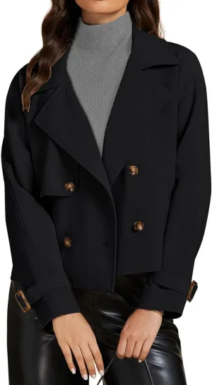IDEALSANXUN Cropped Trench Coat for Women Fall Winter Trendy Lightweight Short Double Breasted Jackets Coats