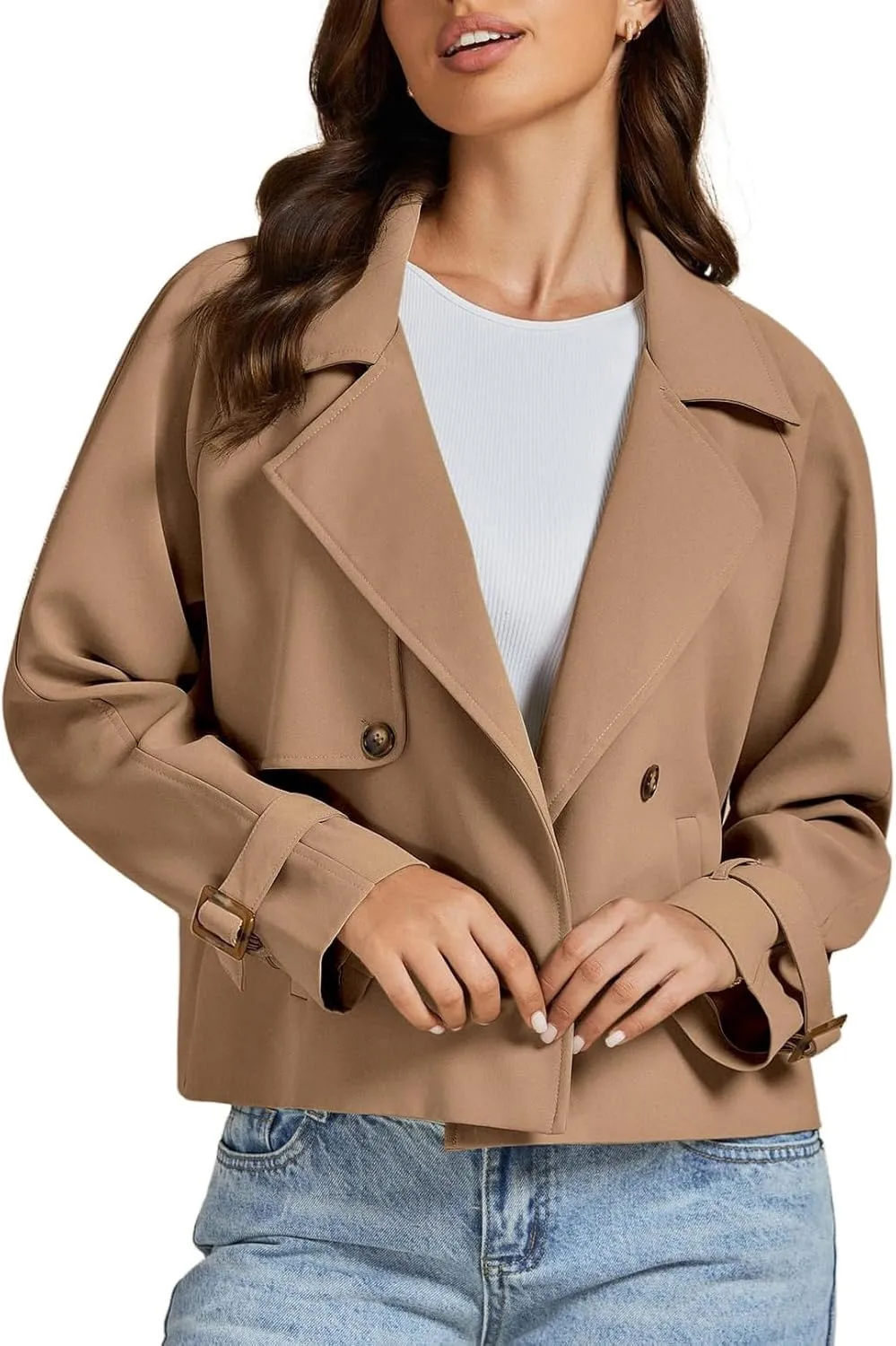 IDEALSANXUN Cropped Trench Coat for Women Fall Winter Trendy Lightweight Short Double Breasted Jackets Coats