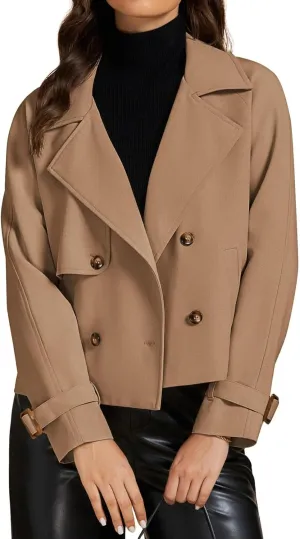 IDEALSANXUN Cropped Trench Coat for Women Fall Winter Trendy Lightweight Short Double Breasted Jackets Coats