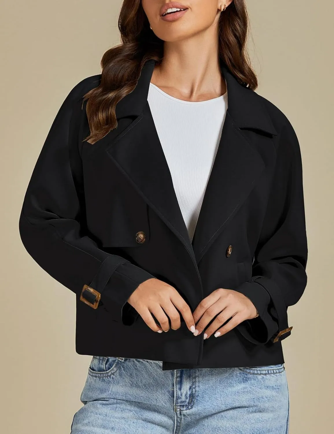 IDEALSANXUN Cropped Trench Coat for Women Fall Winter Trendy Lightweight Short Double Breasted Jackets Coats