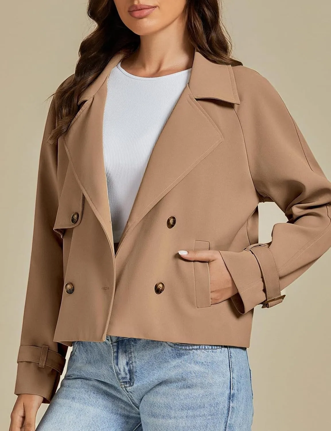 IDEALSANXUN Cropped Trench Coat for Women Fall Winter Trendy Lightweight Short Double Breasted Jackets Coats